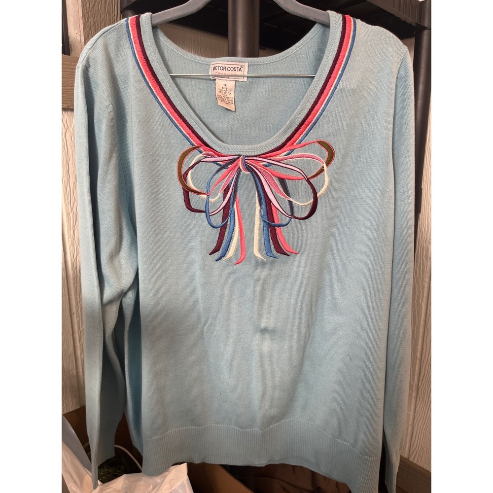 Y2K VICTOR COSTA Occasion Light Blue V Neck Bow Embroidered Sweater 1X‎